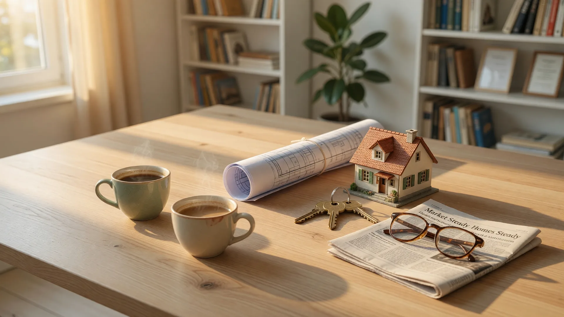 A calm real estate consultation scene with coffee cups, house keys, and a small model home on a sunlit table