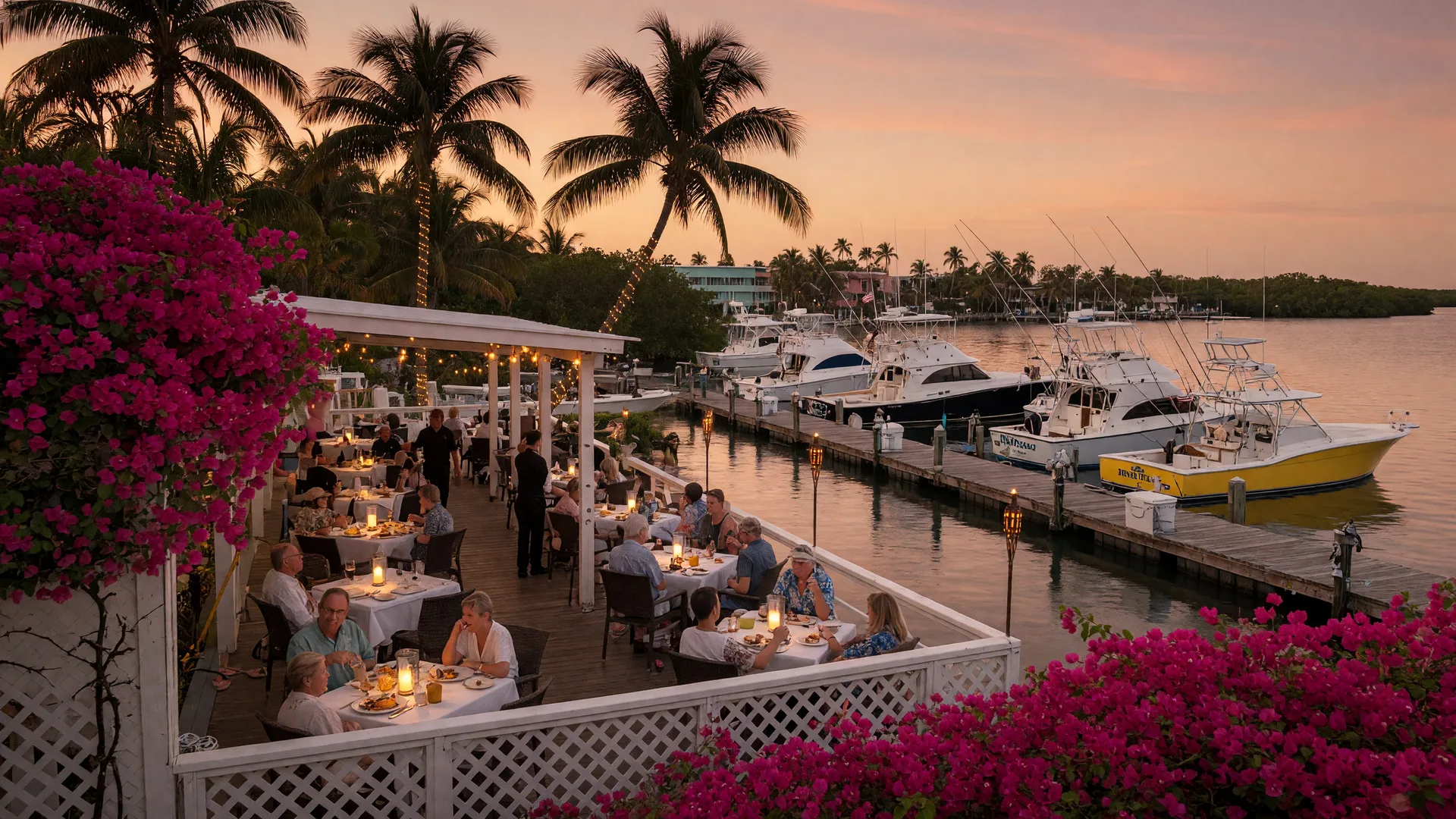 Key Largo waterfront dining at golden hour with outdoor tables on a wooden deck overlooking a marina with sportfishing boats