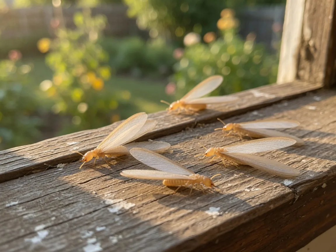 Several winged subterranean termite swarmers with four milky translucent wings resting on a weathered wooden windowsill in warm morning light