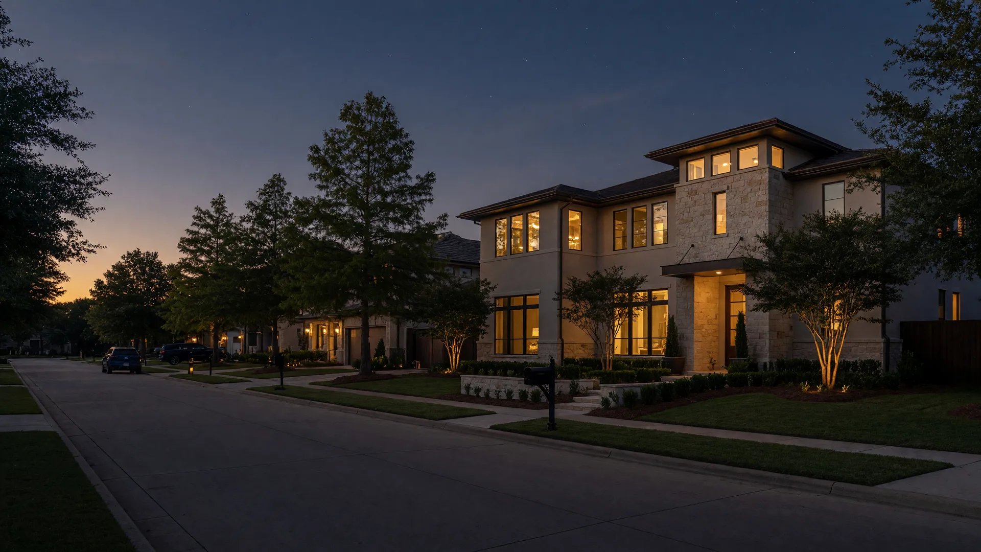 An upscale Collin County home glowing with warm lights at dusk on a tree-lined street
