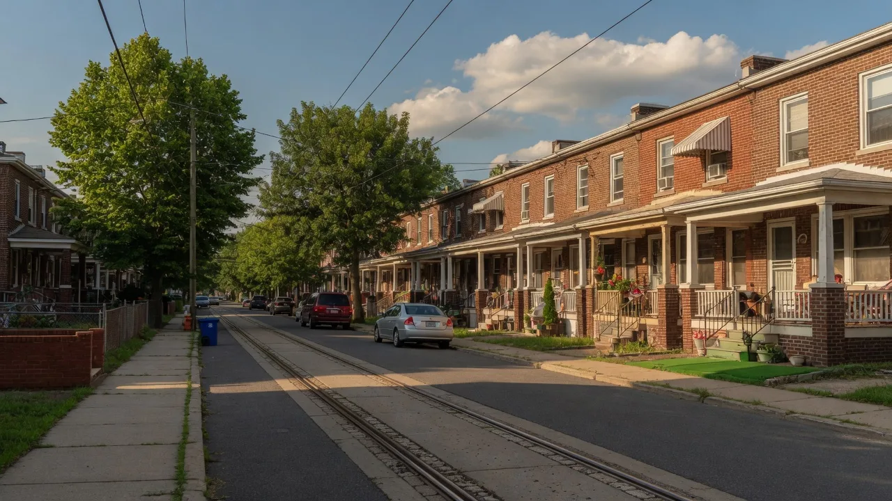 Quiet residential street in Collingdale, Pennsylvania with brick twin homes, front porches, and SEPTA trolley tracks on a sunny summer afternoon