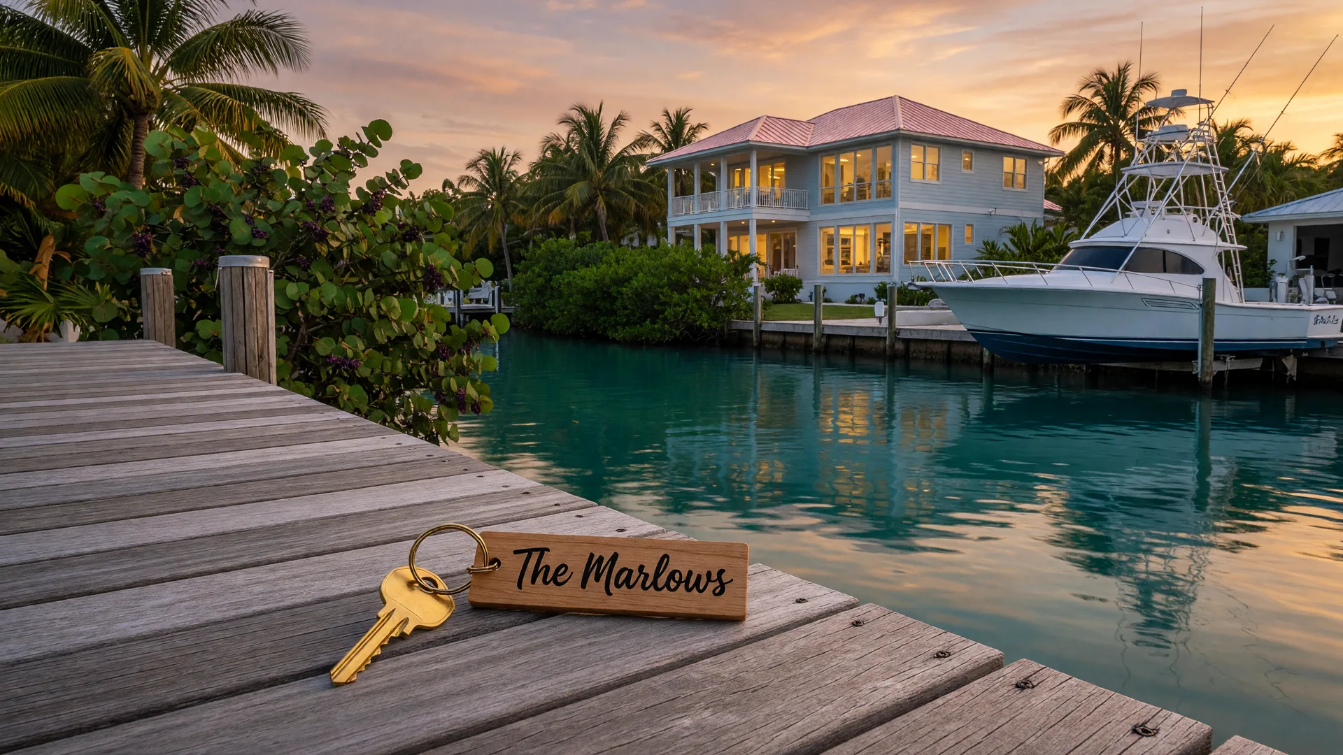 A brass house key resting on the teak decking of a private dock in the Florida Keys at golden hour, a newly closed elevated luxury waterfront home with a metal roof glowing behind it, a deep-water canal with a boat lift and sportfishing yacht