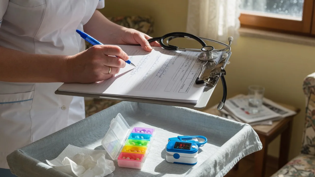 A nurse's hands documenting a patient assessment on a clipboard beside a stethoscope and home care supplies
