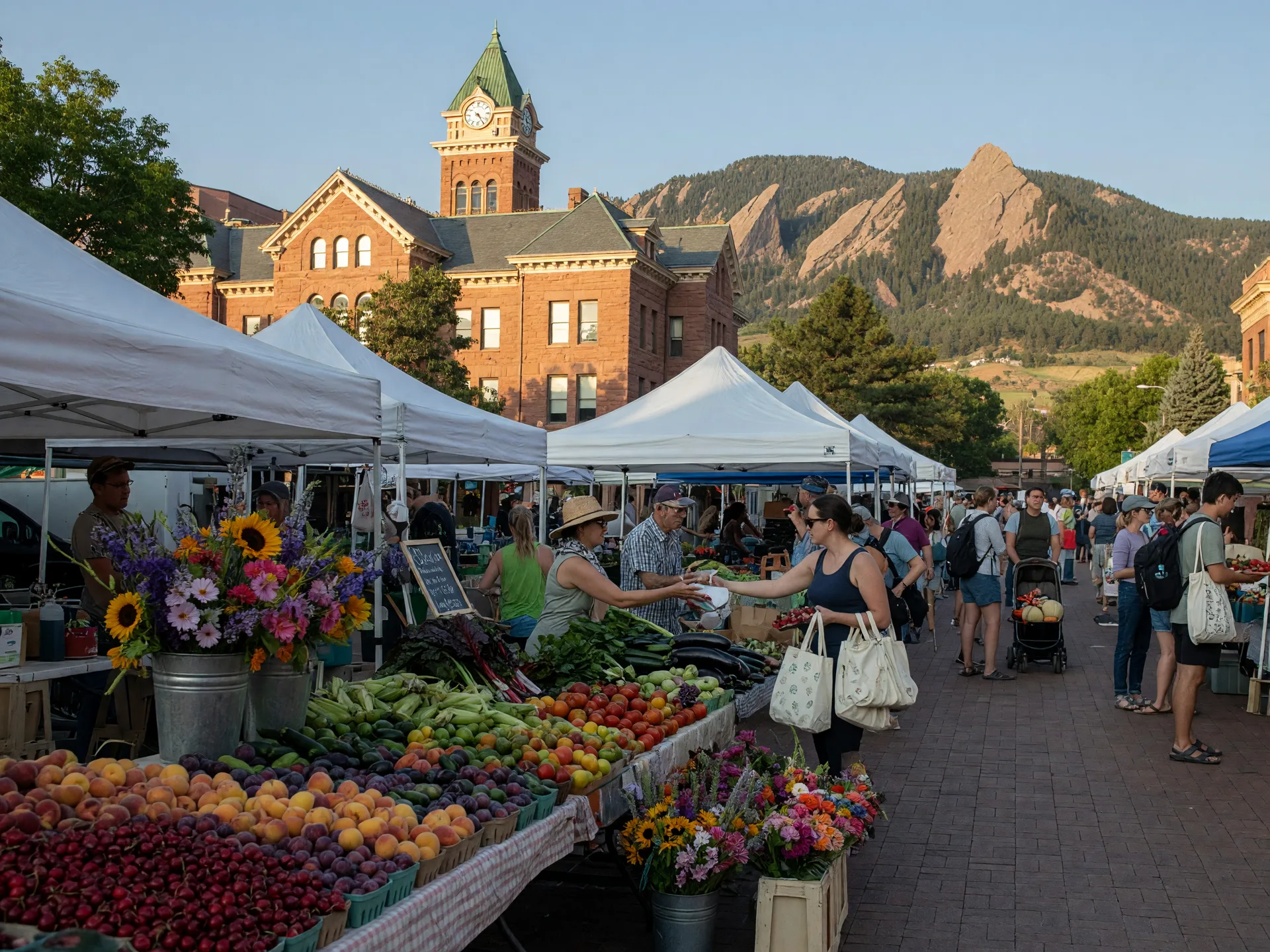 Boulder Farmers Market on Pearl Street Mall with fresh produce stalls and the Flatirons in the background