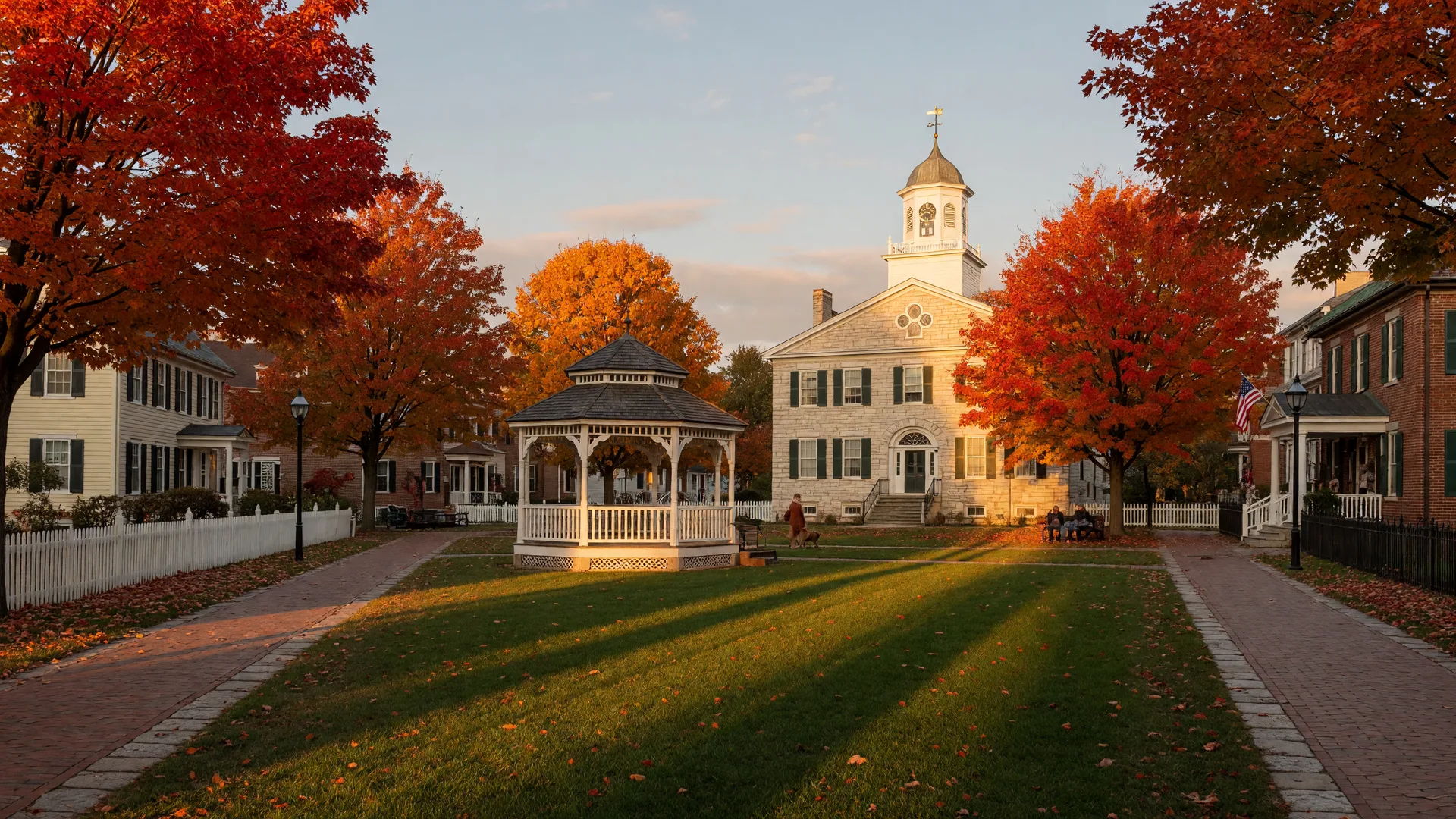 The historic village green in Worthington Ohio with a white gazebo and maple foliage in autumn