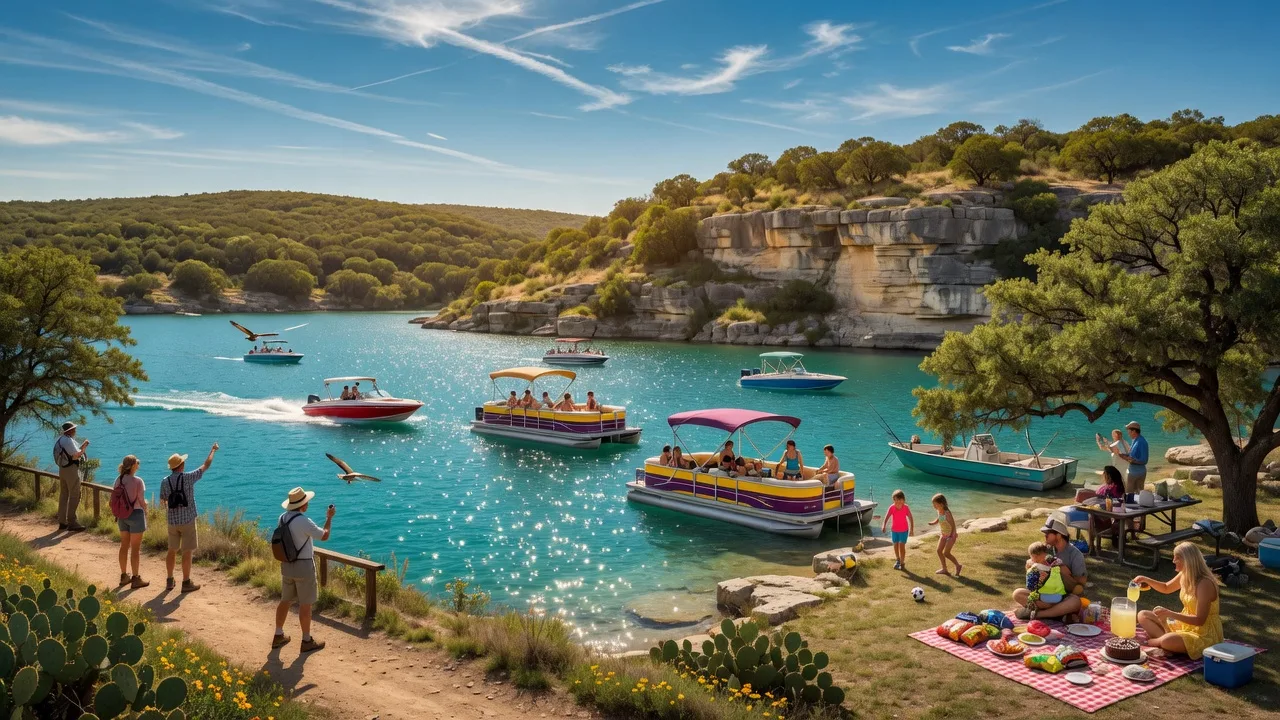 Colorful boats on sparkling turquoise Canyon Lake water with limestone cliffs and green hills in the background on a bright summer day