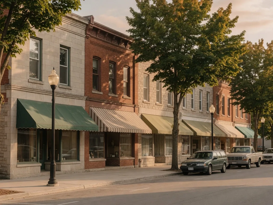 The heritage main street of a small Halton Hills town in warm afternoon light