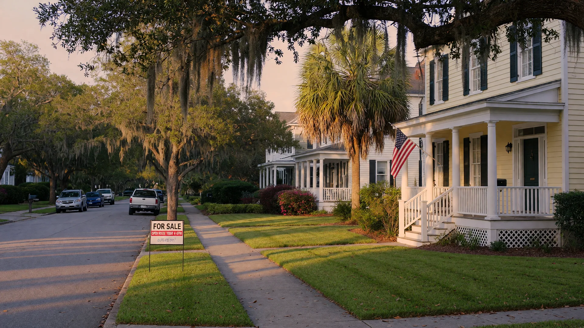 A classic two-story home on a quiet suburban street with a for-sale sign by the mailbox in warm late-afternoon light
