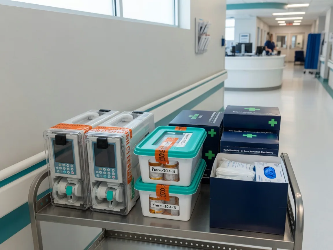 Medical supplies and equipment staged for delivery on a stainless steel cart in a bright healthcare facility corridor