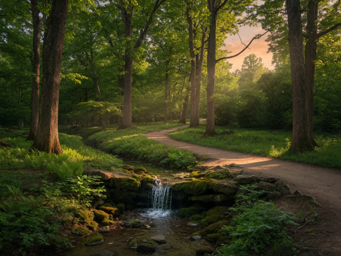 A wooded park trail beside a small waterfall and creek near West Meade, Nashville