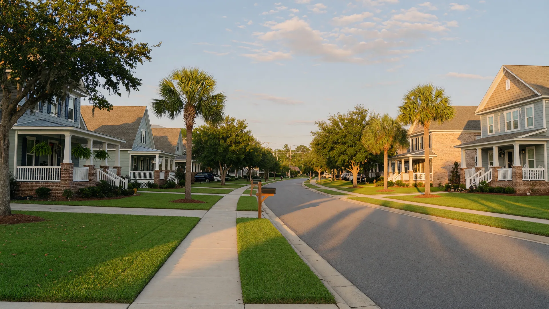 Quiet suburban street in Foley, Alabama with coastal-style single-family homes, covered porches, live oaks, and palms in warm late-summer light