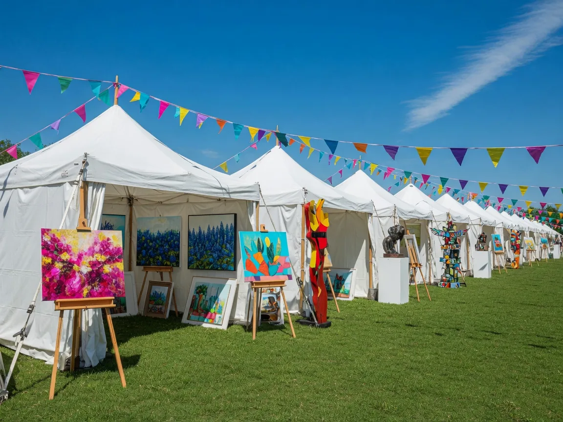 Artist tents with paintings and sculptures at the Wimberley Arts Fest