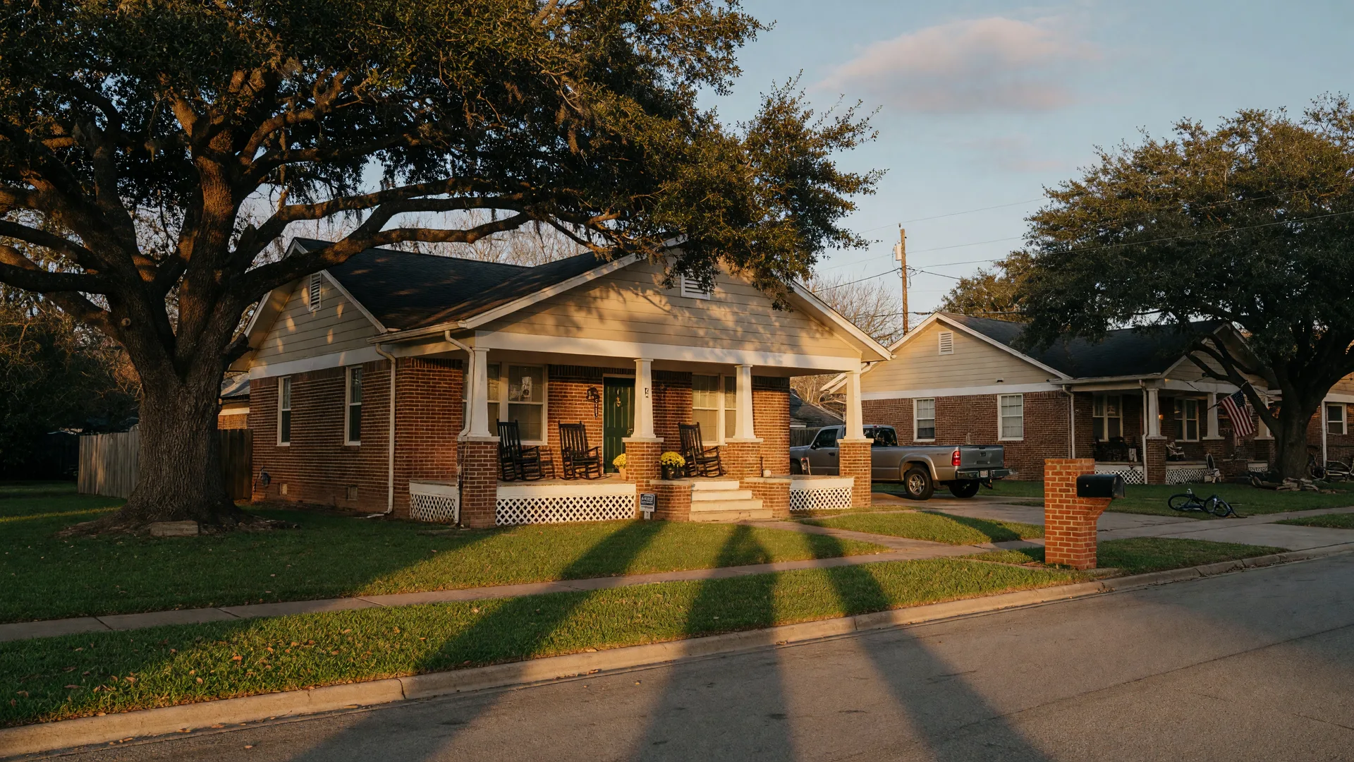Single-family rental home on a quiet Brenham street at golden hour