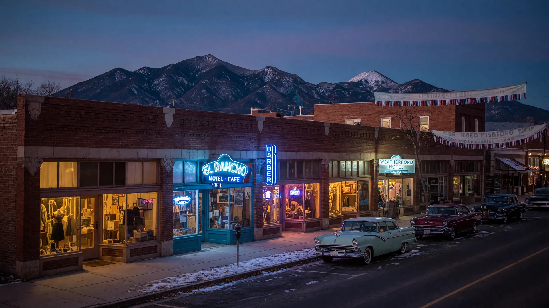 Historic Route 66 brick storefronts in downtown Flagstaff Arizona with cool blue-and-white neon signs at dusk, classic cars at the curb, and the snow-dusted San Francisco Peaks behind the roofline