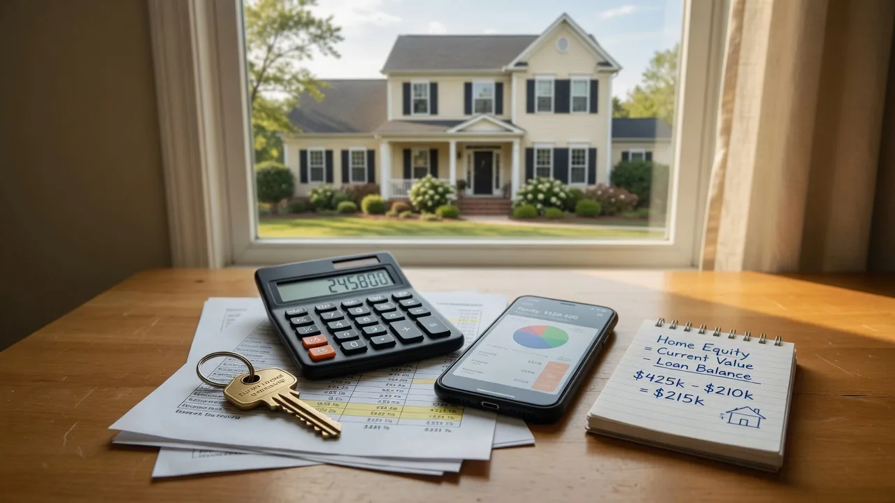 Home equity concept with a brass house key, calculator, and financial documents on a warm wooden table in front of a suburban home