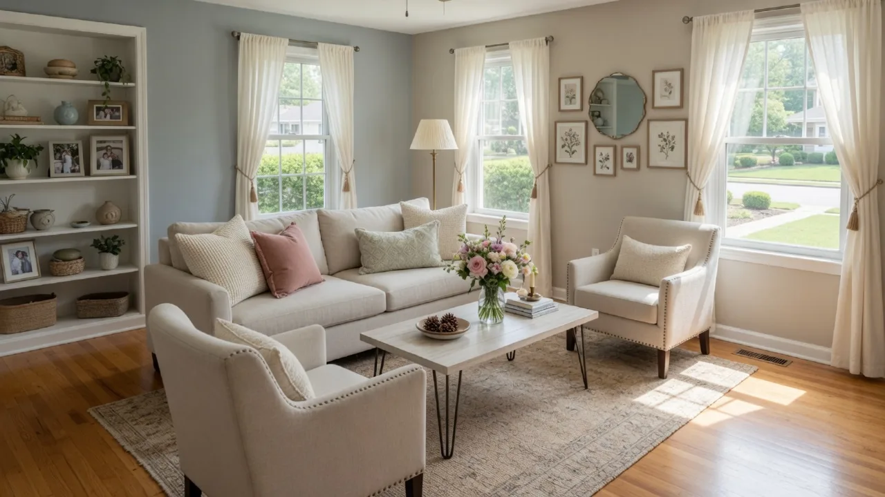 Beautifully staged South Jersey living room with neutral furniture and fresh flowers