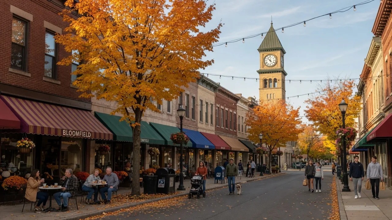 Downtown Bloomfield New Jersey along Broad Street on a crisp mid-October afternoon with brick and stone storefronts, outdoor cafe seating under awnings, hanging flower baskets, maple trees at peak autumn color, and the classic small-town main street atmosphere with the train station clock tower in the distance