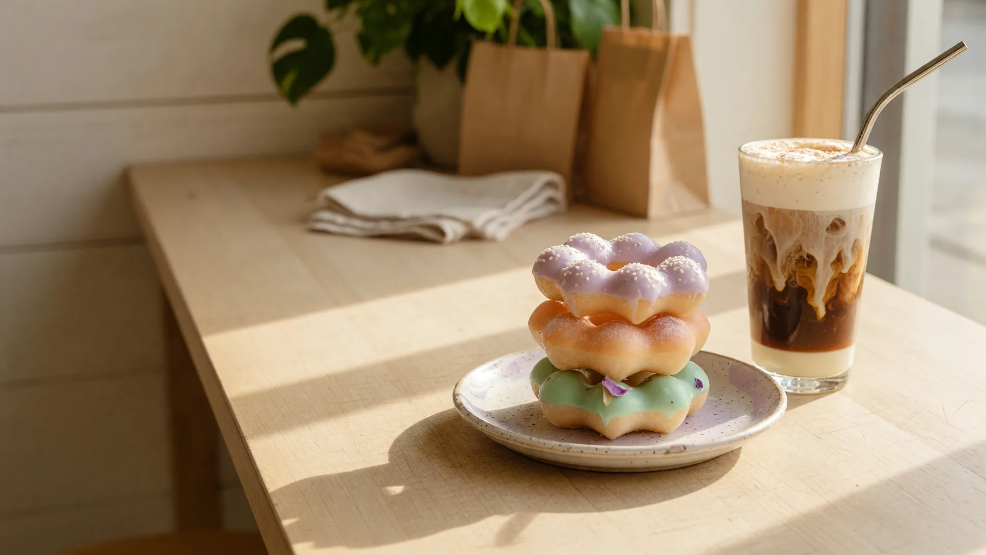 Pastel mochi donuts and a Vietnamese iced coffee on a wooden cafe counter in warm morning light