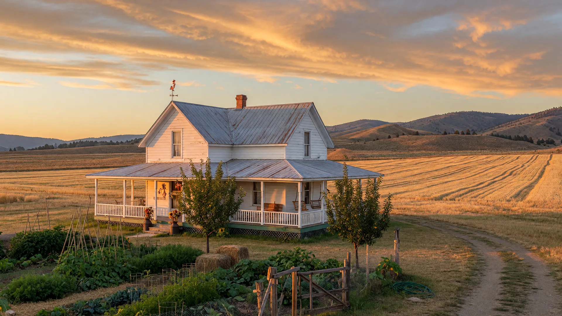 A classic Idaho farmhouse with a wrap-around porch, garden, and hay fields to the foothills