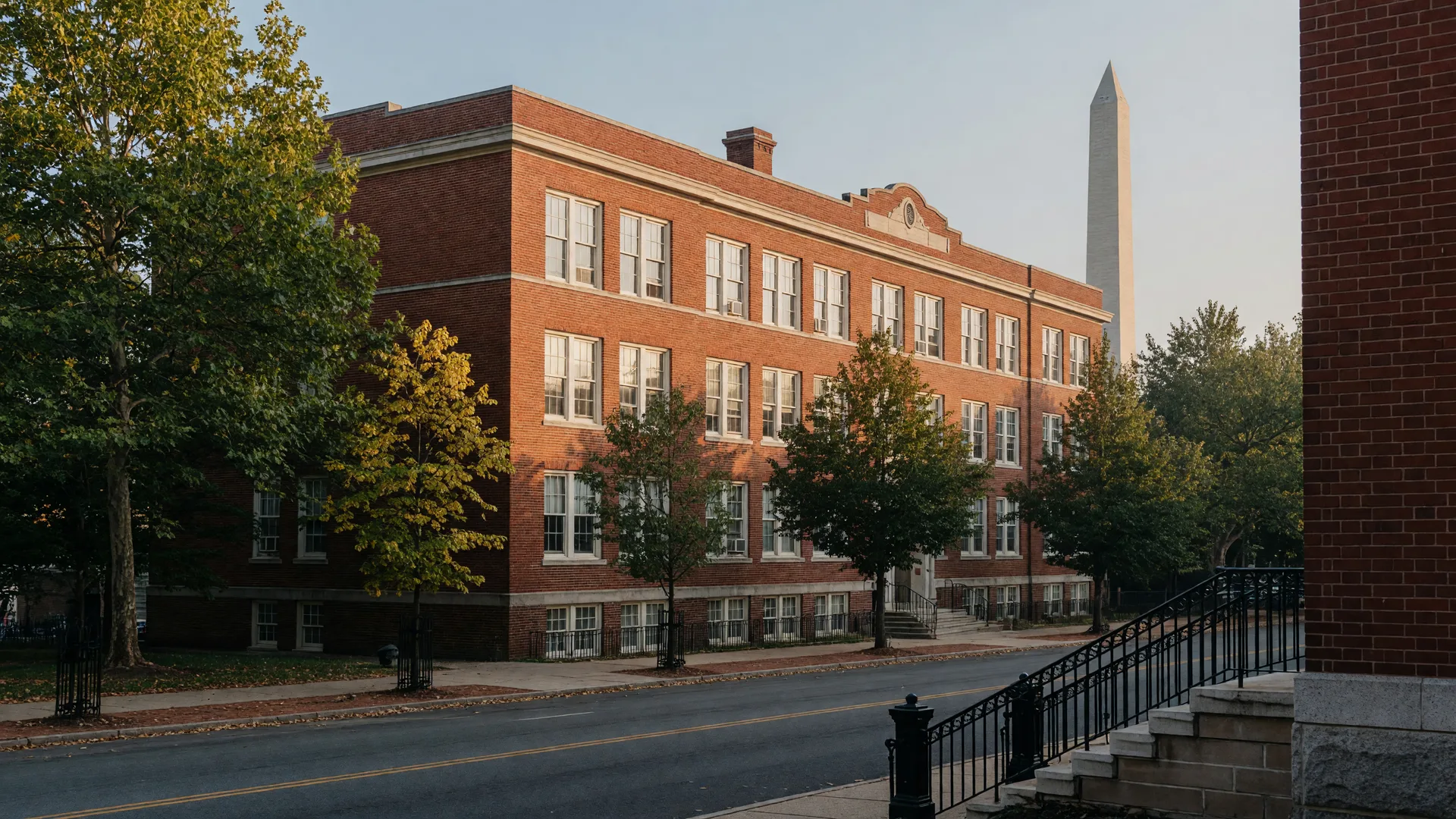 A red-brick Washington, DC public school building in the West End on a September morning, with the Washington Monument rising in the distance