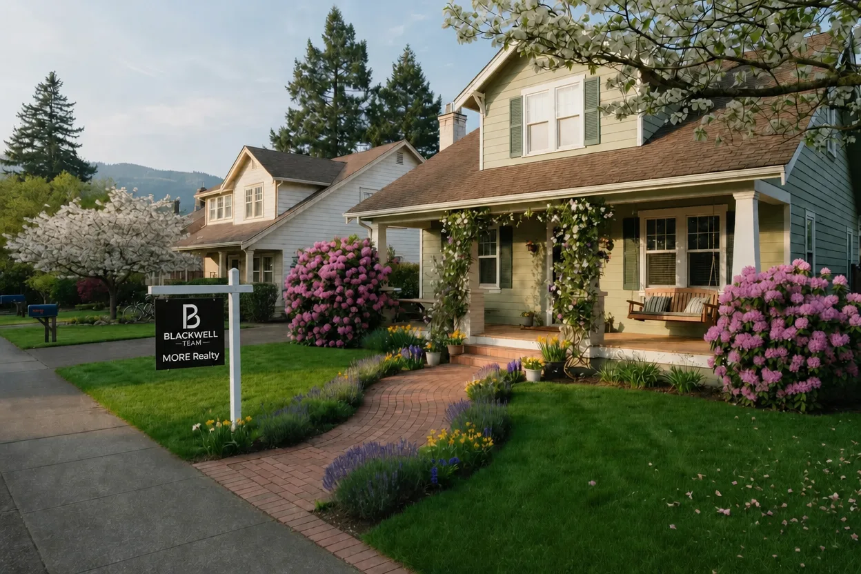 A wooden For Sale sign with bold lettering planted in a well-maintained front yard at the edge of a suburban street