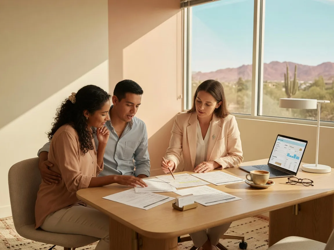 Young couple meeting with a loan officer at a sunlit modern desk in a bright Arizona office, reviewing mortgage pre-approval documents