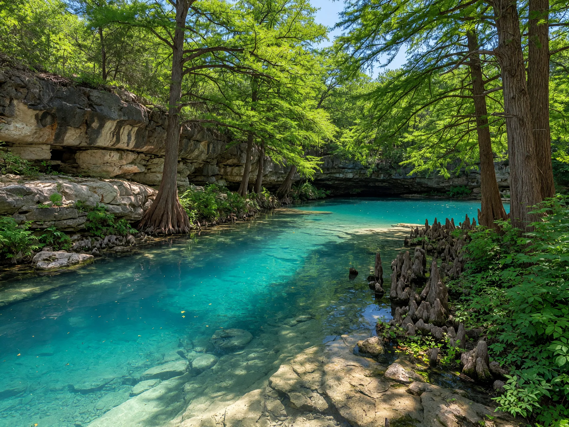 Blue Hole Regional Park — crystal-clear swimming hole with cypress trees and limestone bluffs in Wimberley Texas