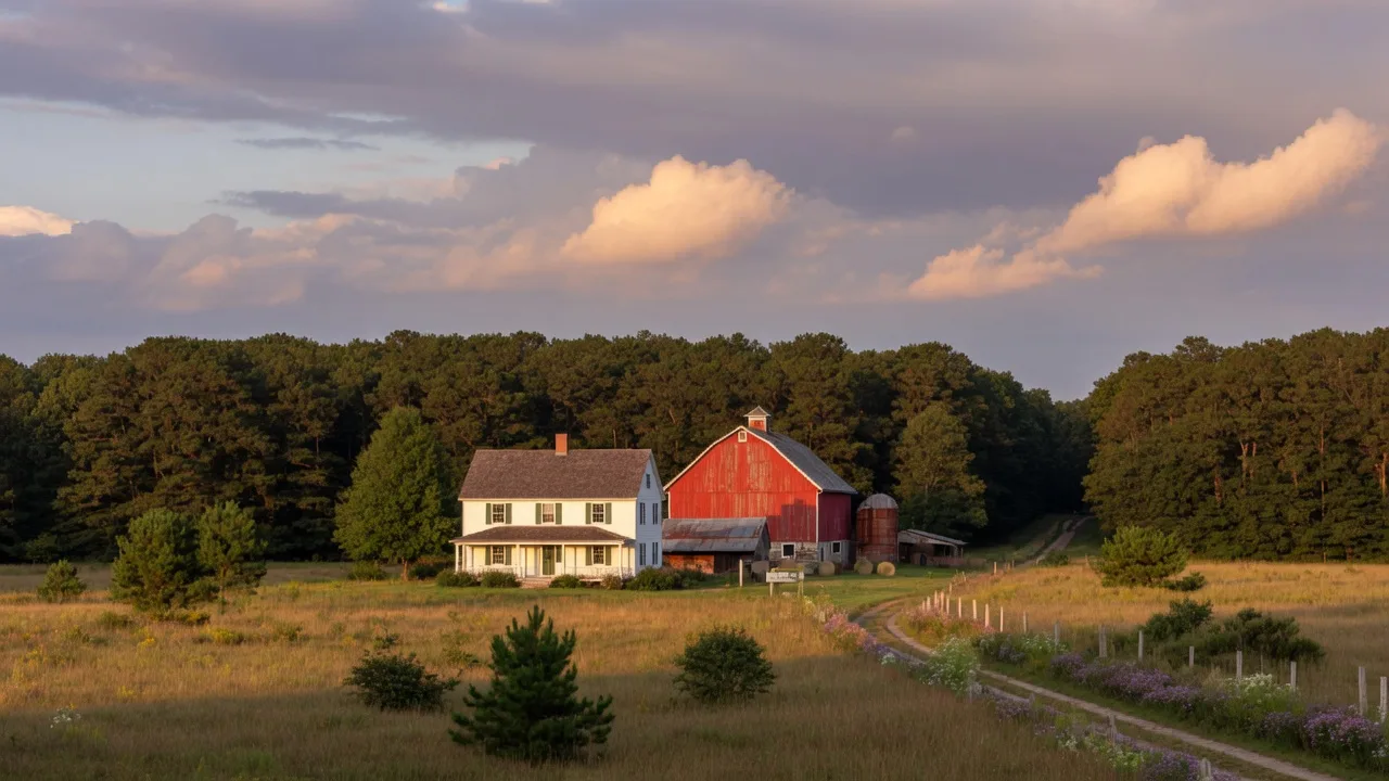 Rural Southampton Township landscape with historic farmhouse, red barn, and preserved Pinelands forest