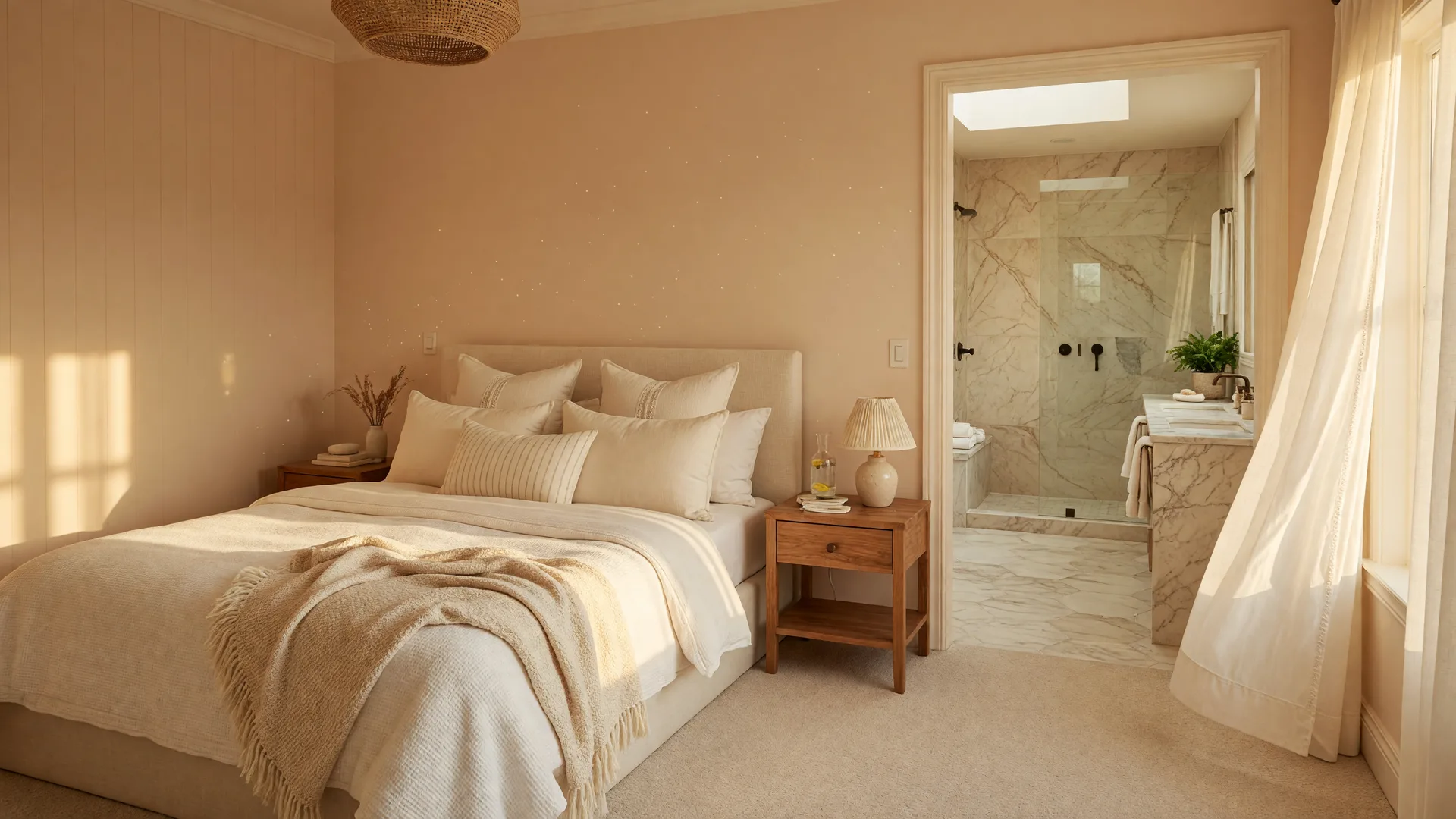 Warm and inviting primary bedroom suite with soft morning light, cream bedding, and a view into an en-suite bathroom