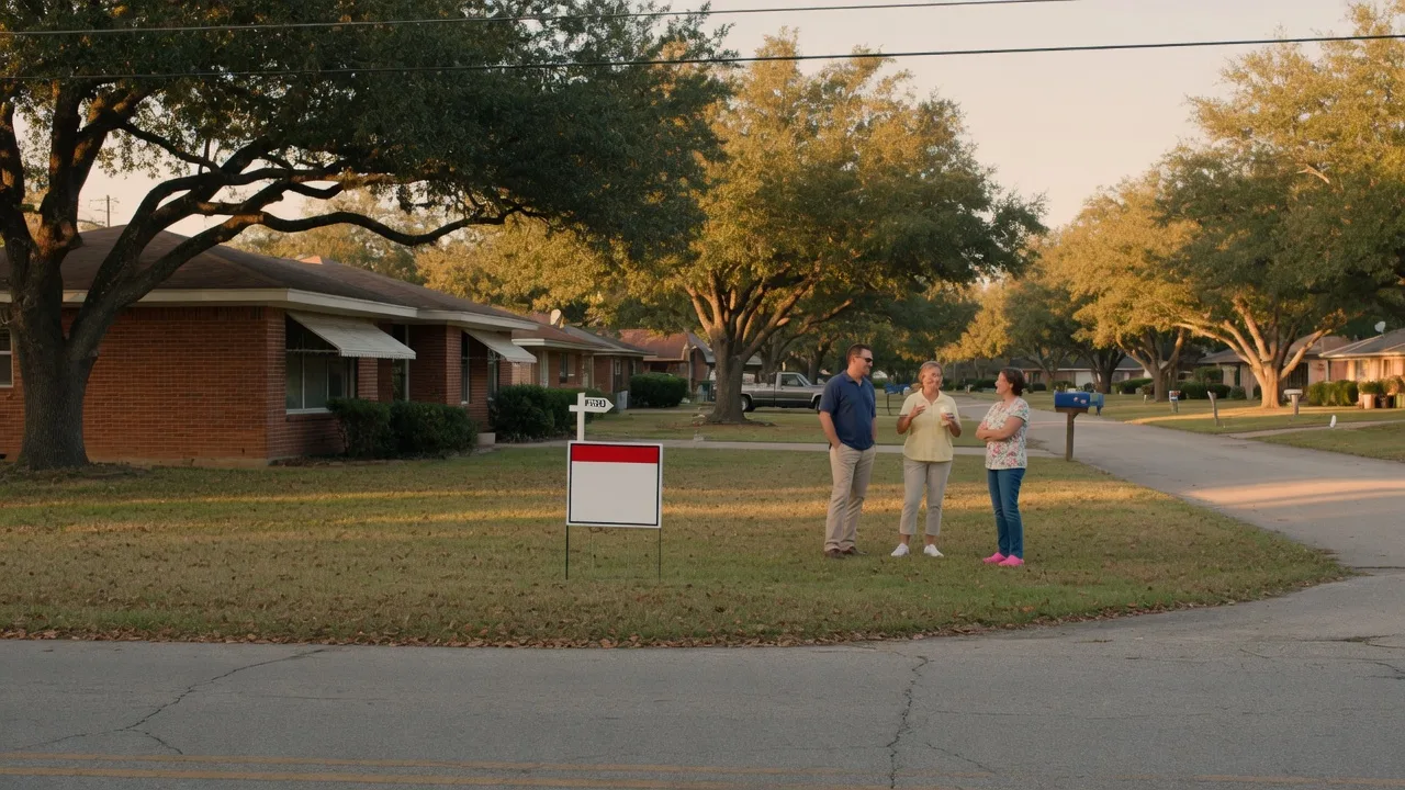 A couple chatting with a neighbor in front of a brick ranch home with a for sale sign in the yard in a Texas suburb at golden hour