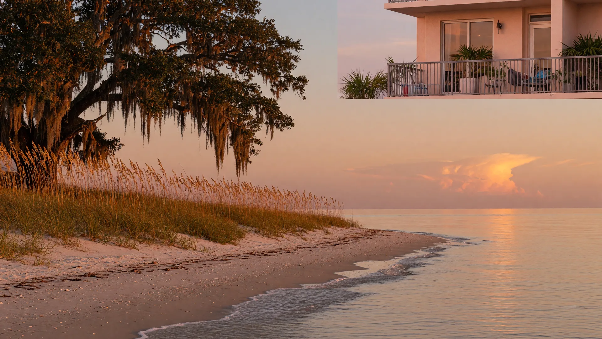 A Gulf Coast beachfront at golden hour in October, with a condominium balcony above sand dunes covered in sea oats and a live oak draped in Spanish moss framing the scene