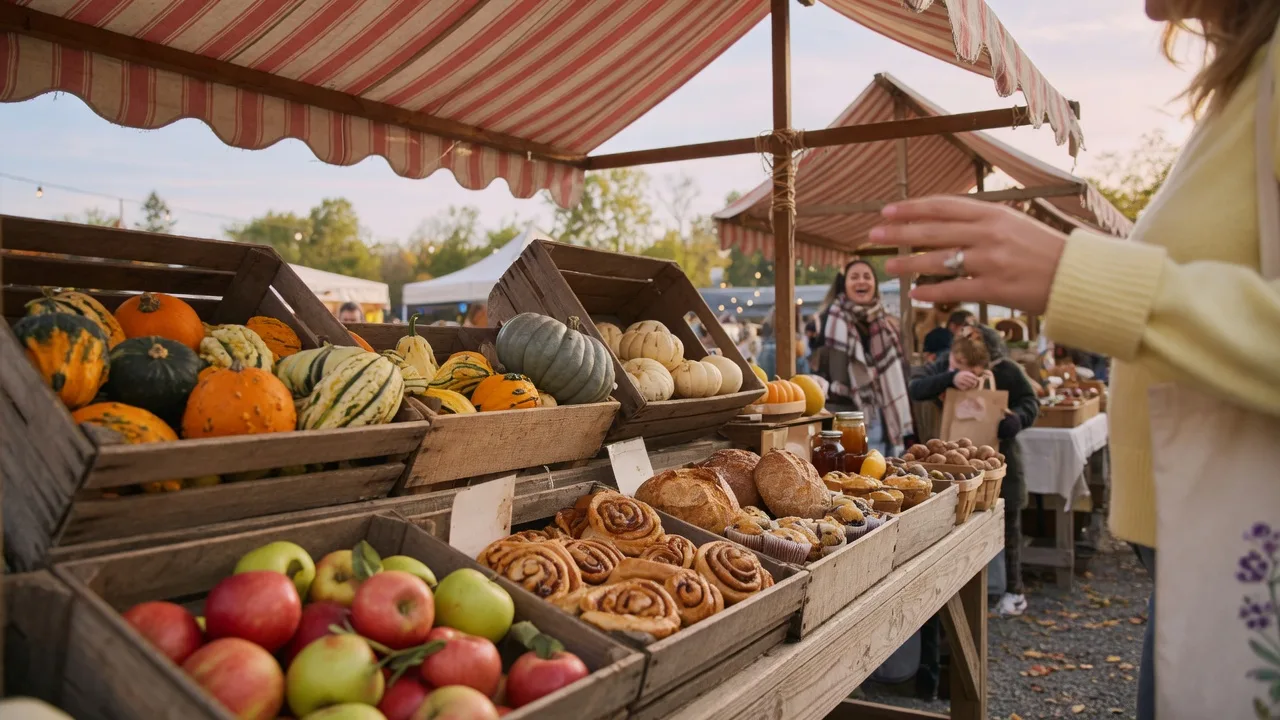 Rustic wooden crates of fresh apples, squash, and gourds at a Sunday farmers market stall