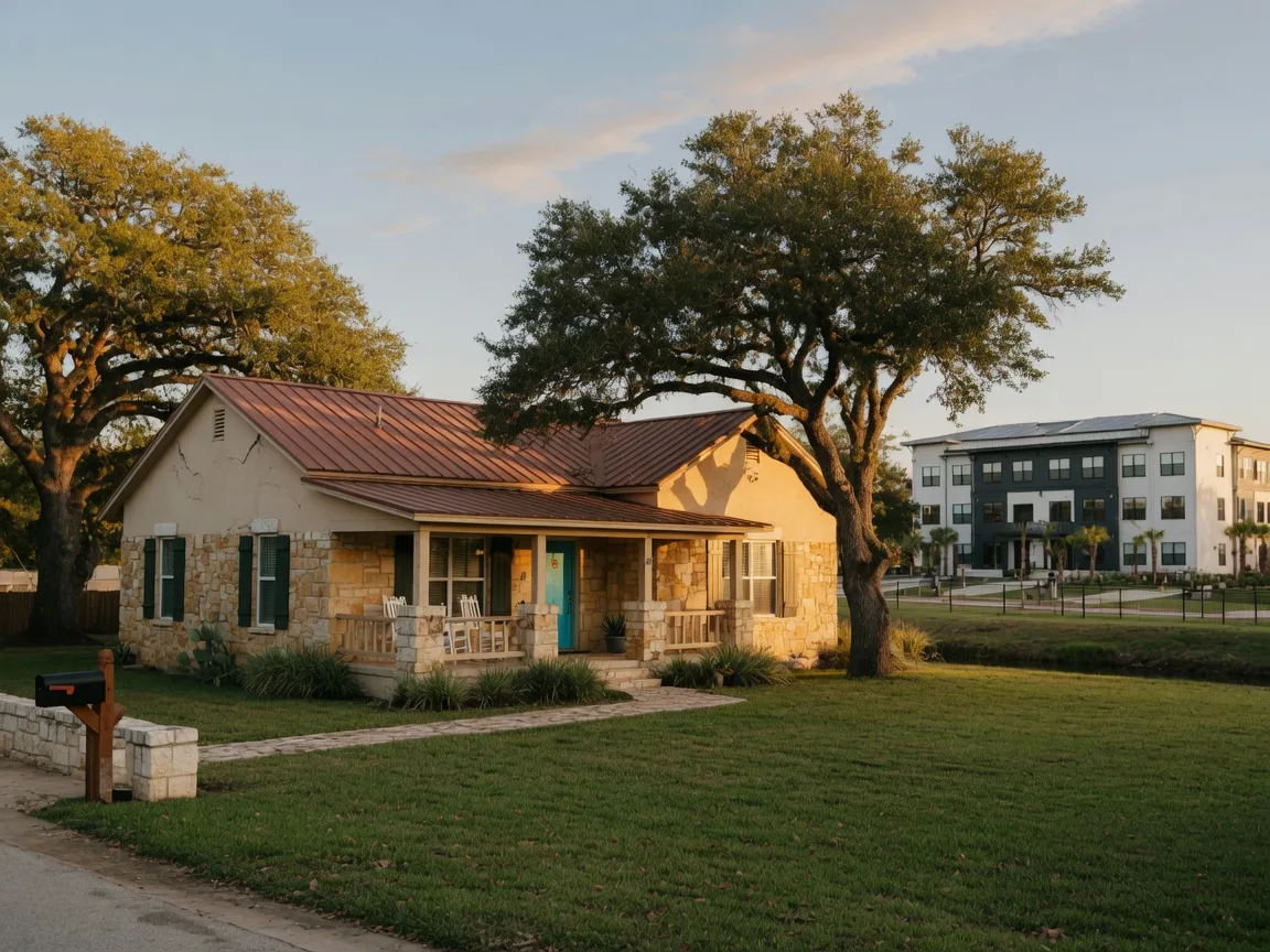A Texas Hill Country investment rental home with a second multi-family property in soft focus beyond it, illustrating a like-kind 1031 exchange