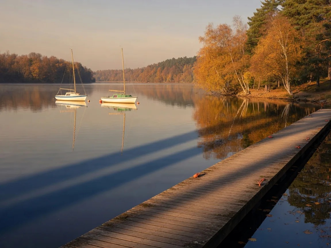 A calm lake with a wooden dock in autumn light