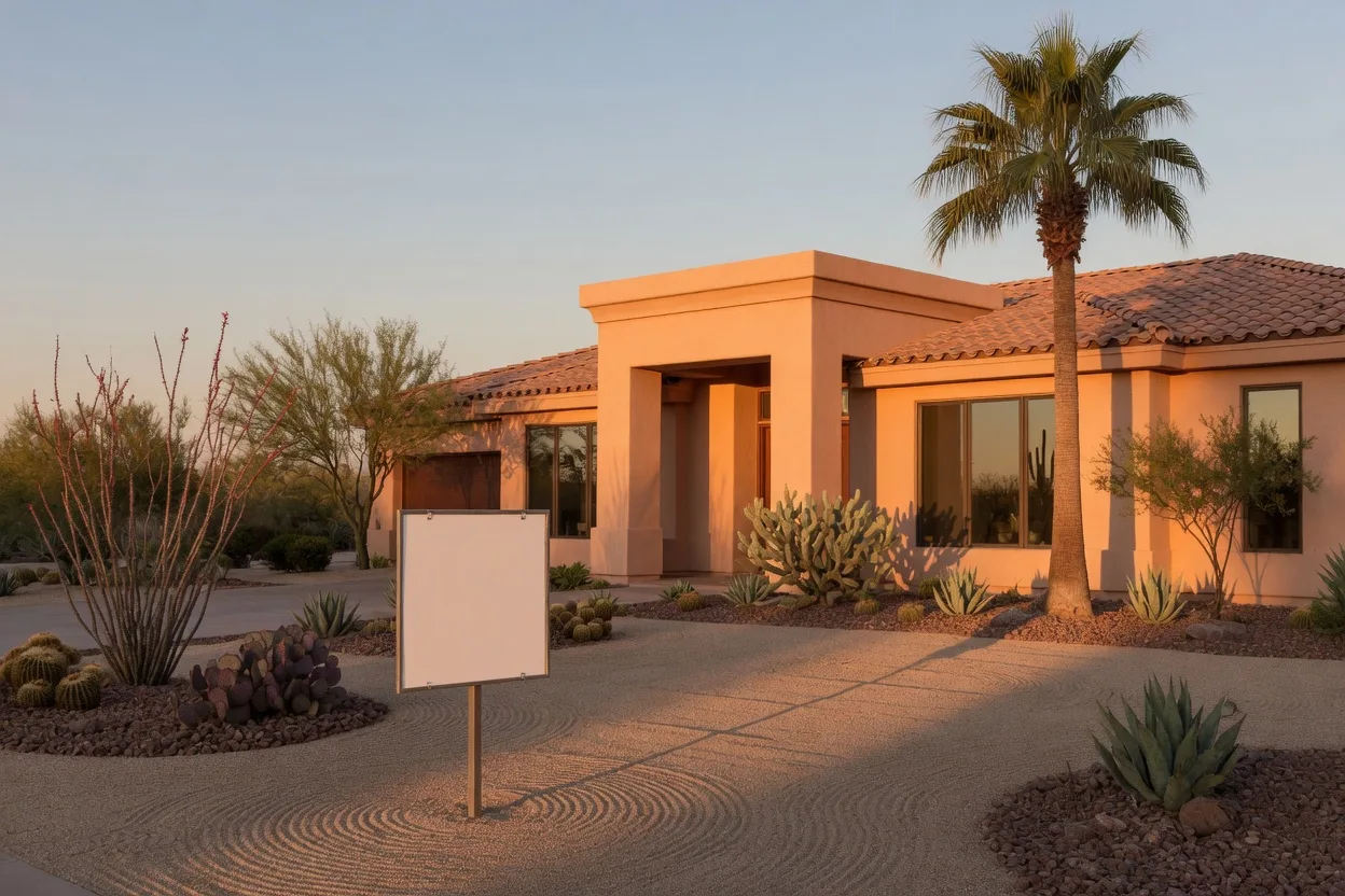 An Arizona home listed for sale, a photorealistic real estate editorial photograph of the property exterior with desert landscaping in natural light