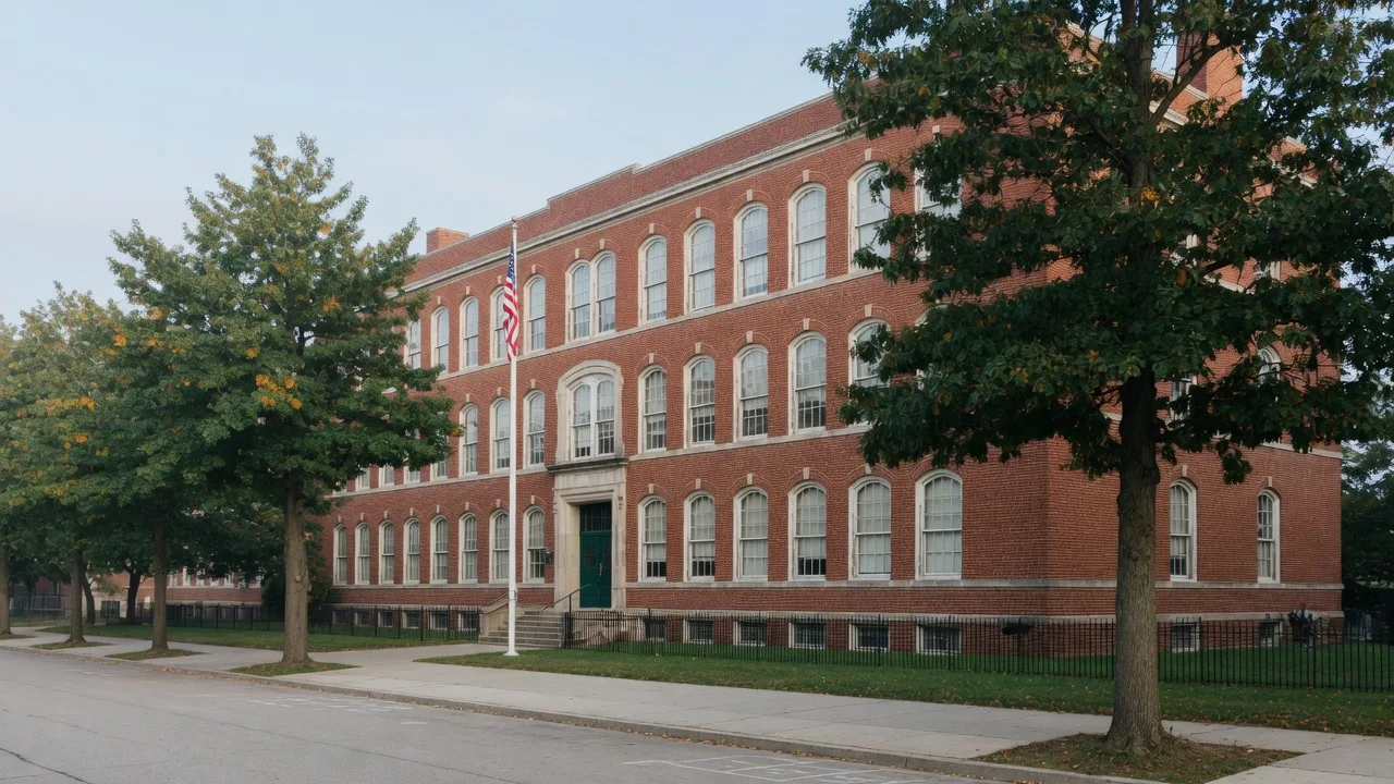 A classic red-brick public elementary school in Bloomfield NJ with white-framed arched windows, an American flag by the entrance, and oak trees showing early autumn color along the sidewalk