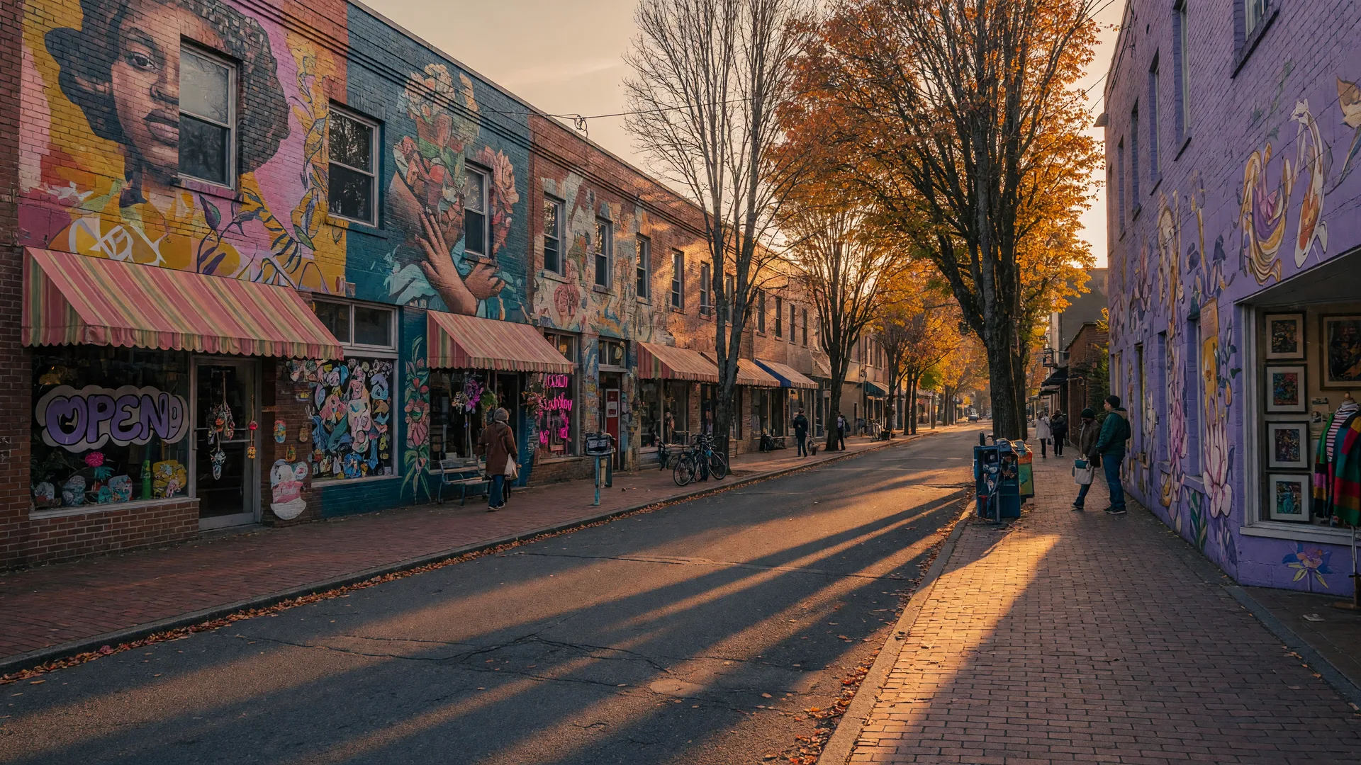 Colorful murals on brick storefronts along NE Alberta Street at golden hour in the Alberta Arts District