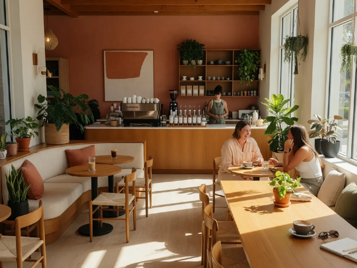 Bright and modern interior of Three Sixteen Coffee & Bakery in Naples, Florida with wooden tables and espresso bar
