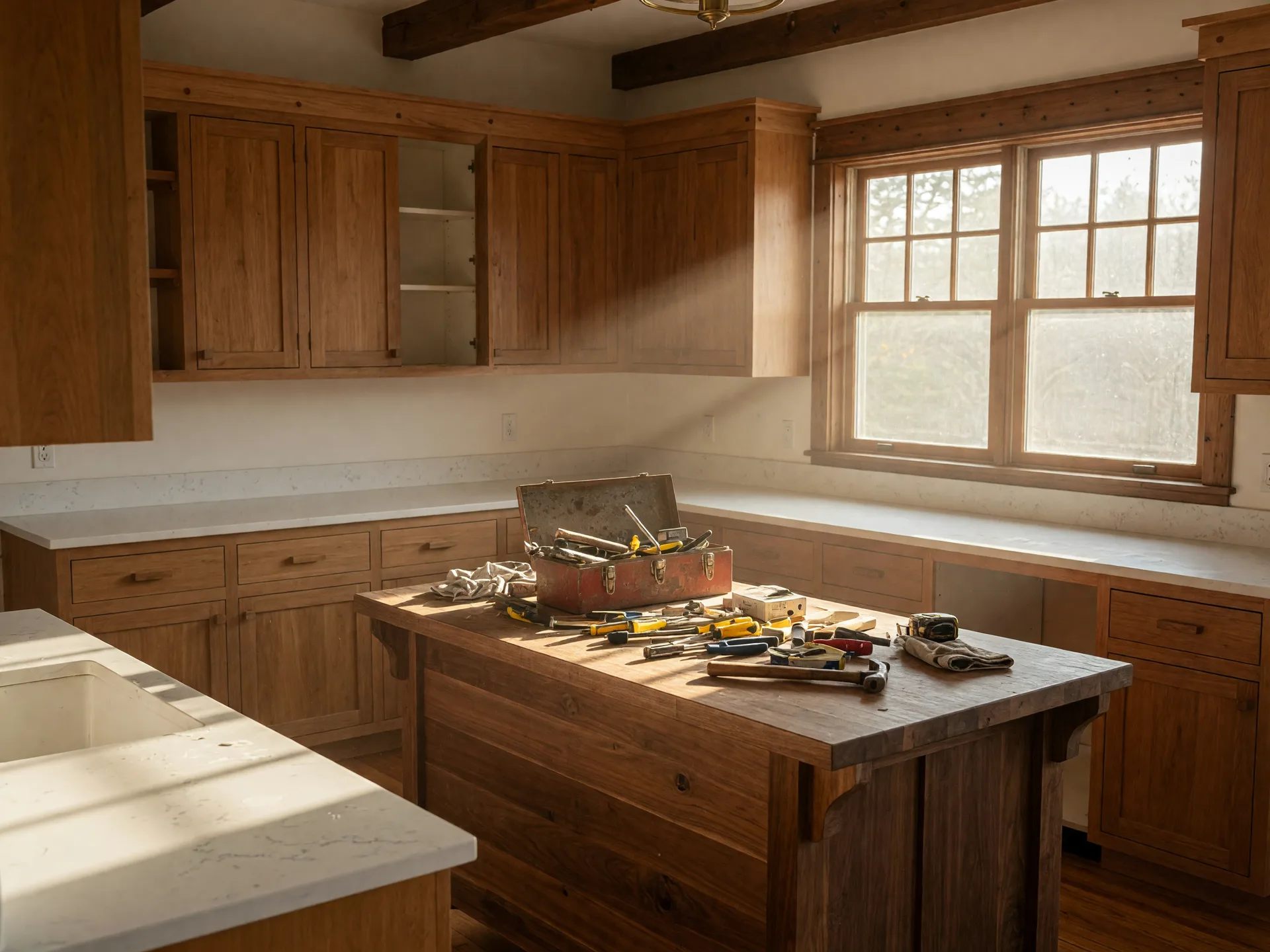 Freshly renovated kitchen with new countertops and toolbox on the island