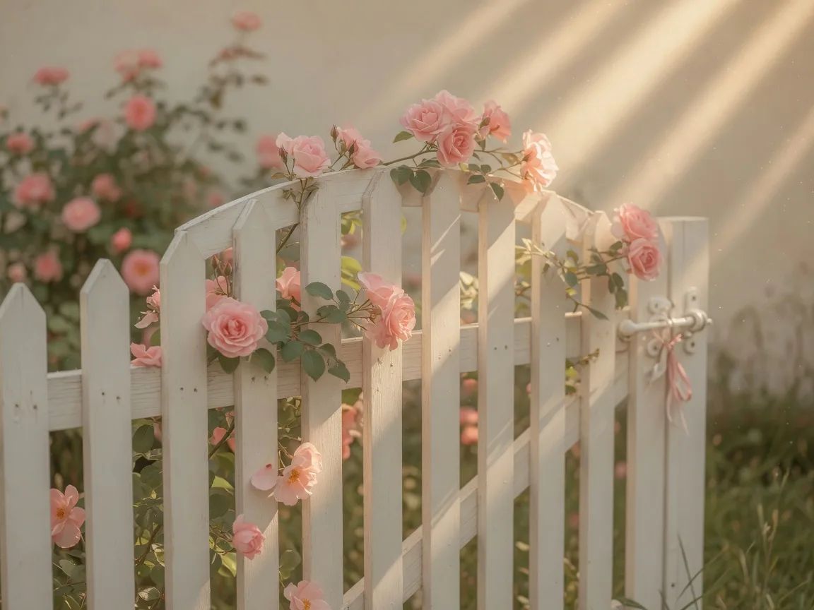 A white picket garden gate with climbing blush roses and sage in warm sunlight