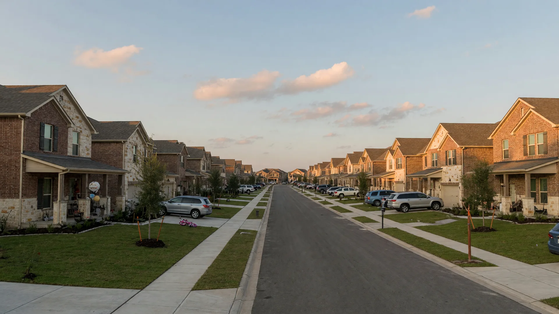 A wide street in a newer master-planned community on San Antonio's far west side with two-story brick and stone homes and young oak trees at late afternoon, in the San Antonio home inspection service area of Rodeo Home Inspections