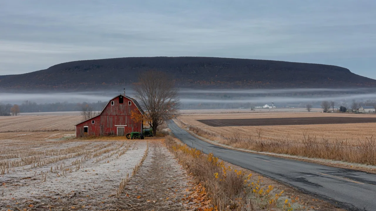 Frost on a Lehigh Valley farm field in early November, with mostly bare trees, a weathered red barn, and the Blue Mountain ridge on the horizon under a soft overcast sky