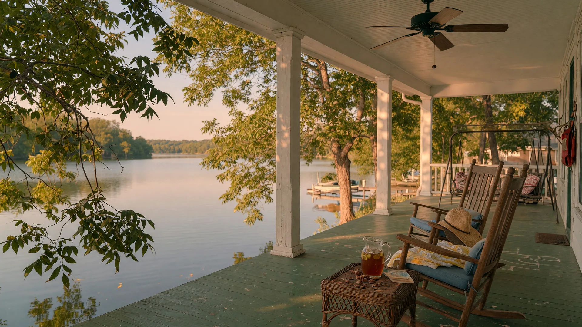 Covered porch with white columns and green floor overlooking Lake Hartwell through mature pecan trees at golden hour