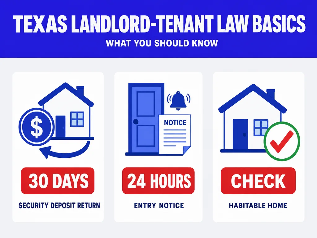Texas landlord-tenant law infographic with cards for a 30-day security deposit return, 24-hour entry notice, and a habitable home checkmark