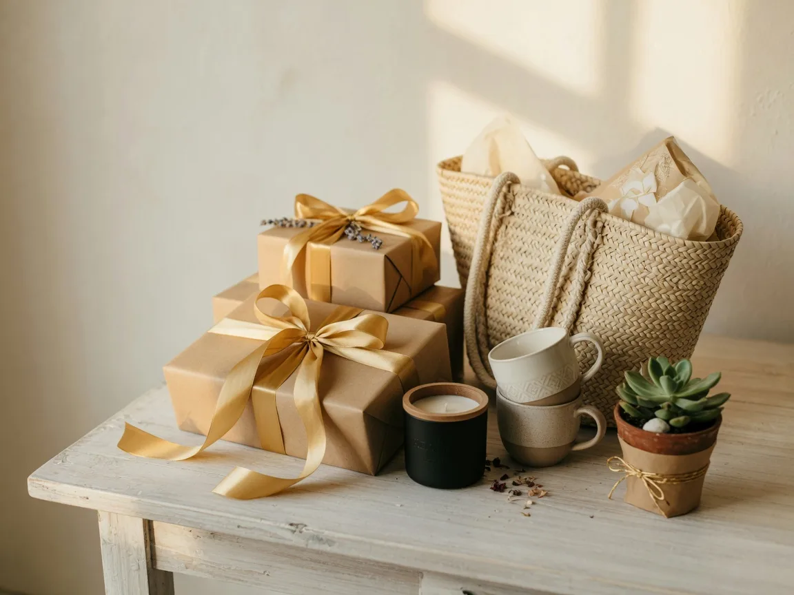 An artisan gift table with wrapped gift boxes, candles, and a woven market tote