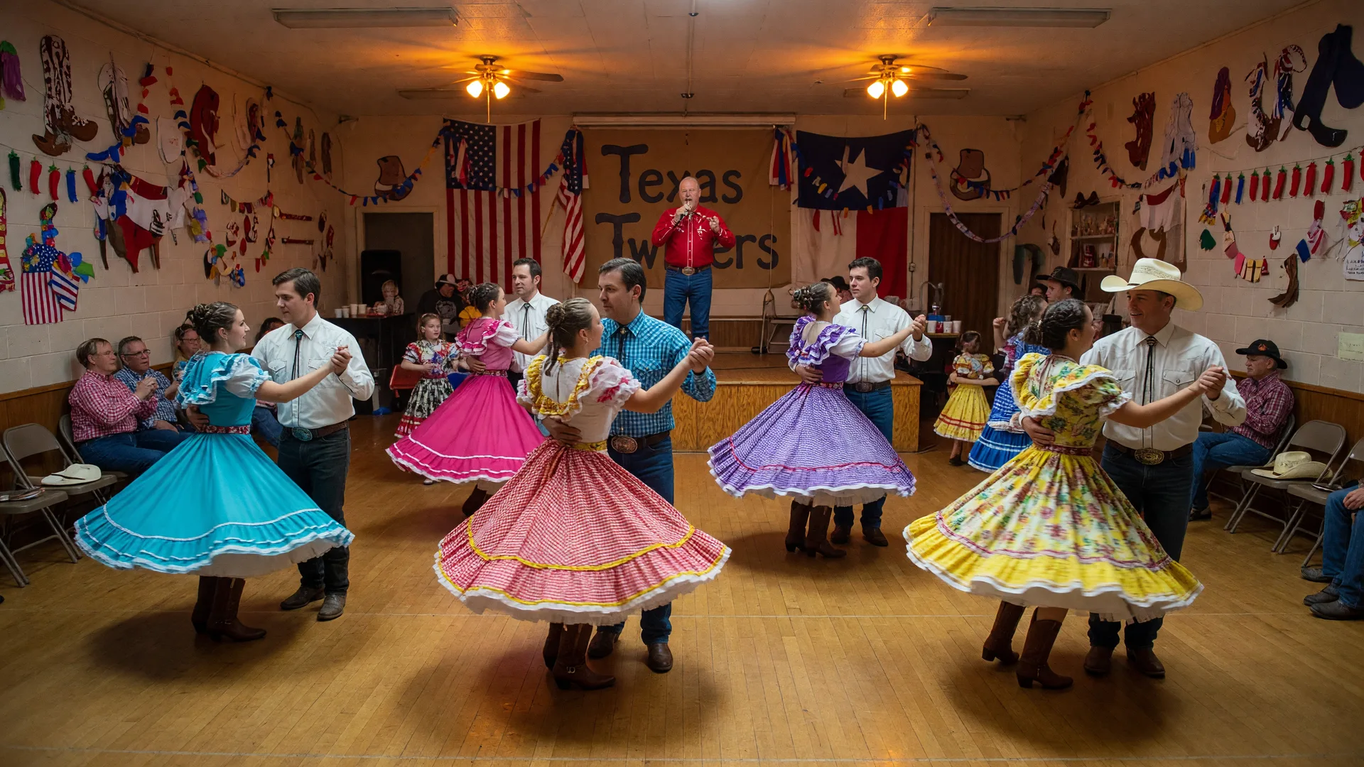 Square dancers swinging and promenading on a polished wooden floor in a Texas civic center under warm amber lights