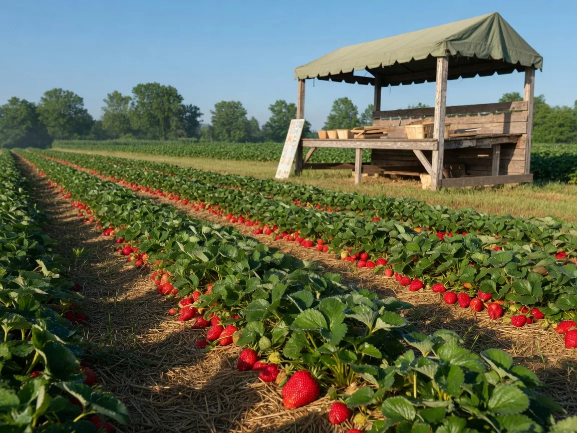 Rows of ripe strawberries in a sunlit June field near Kirtland, Ohio
