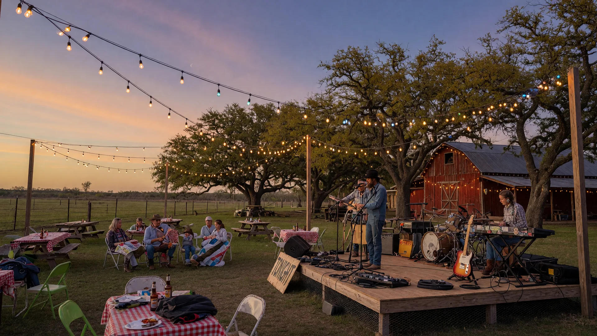 Outdoor evening concert at a rustic Texas venue with string lights and a stage set against twilight sky