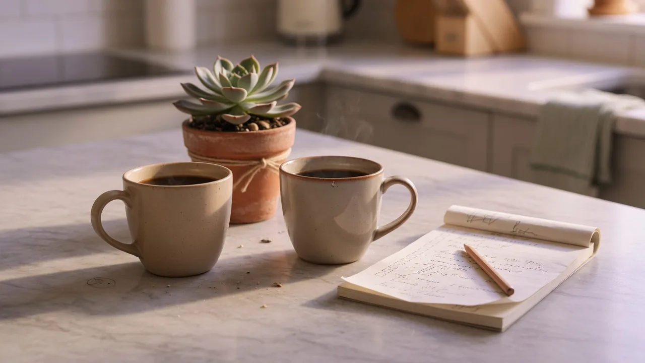 Two ceramic coffee mugs facing each other with a small potted succulent and a folded checklist notepad on a kitchen island in soft morning light, representing a first-time buyer conversation