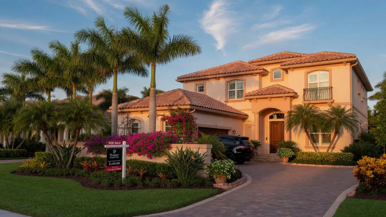 Elegant Southwest Florida home with a For Sale sign in the front yard at golden hour, surrounded by tropical landscaping and palm trees
